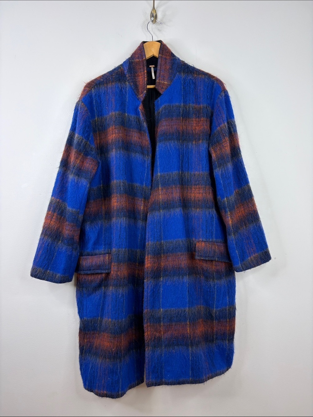 Free People Overcoat Womens Medium Blue Orange Blue Plaid Wool Alpaca Jacket